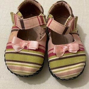 pediped Baby Girl 12-18 Months Mary‎ Jane Shoes Striped Pink Green Bow Detail